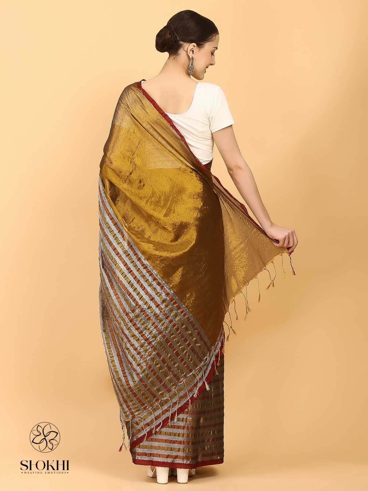Swarnika - Metallic Tissue Saree - Striped Golden - SO-TS-005