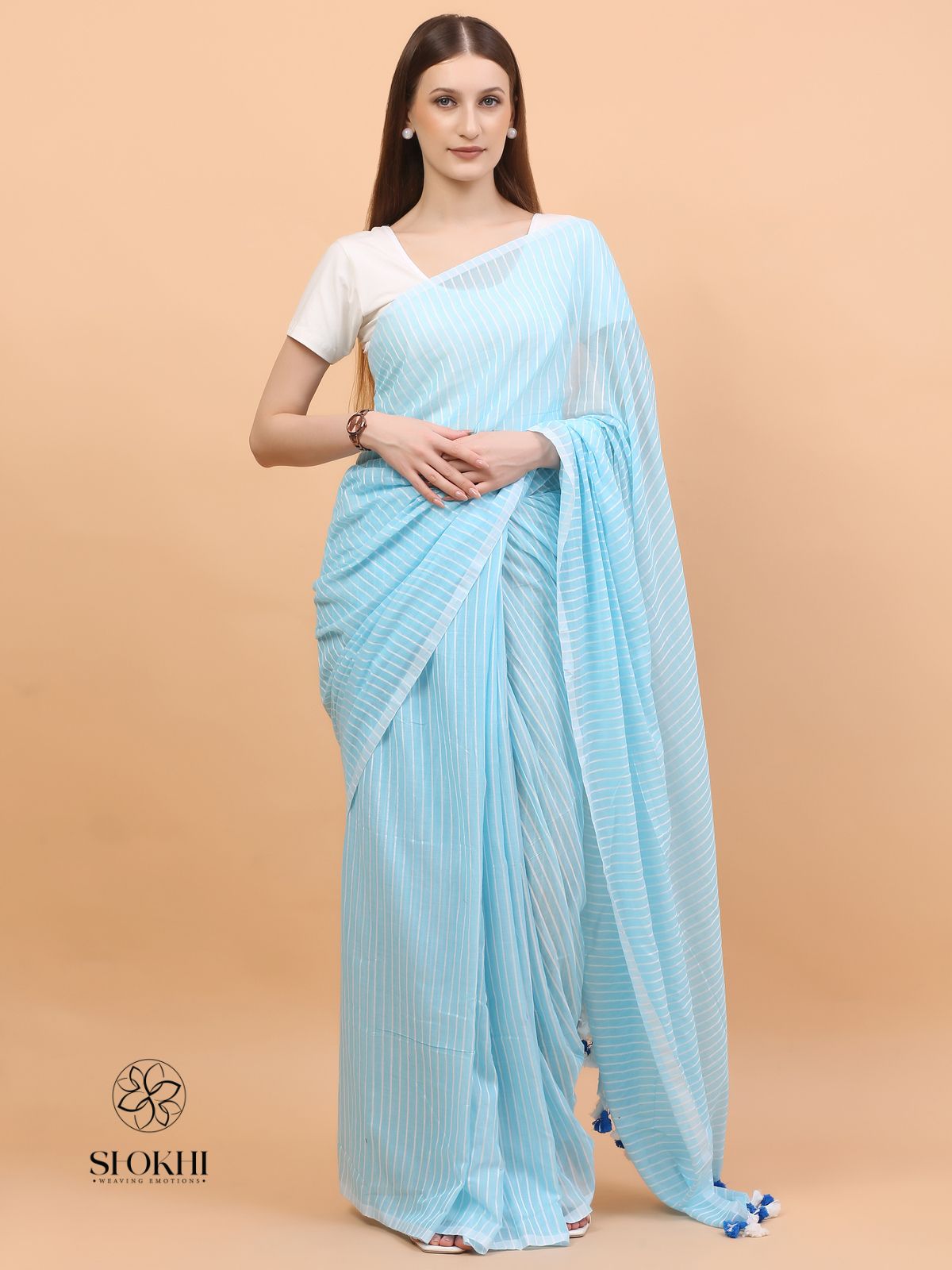 Komal - Soft Cotton Saree - Pastel Blue - SO-CC-001 - Shokhi
