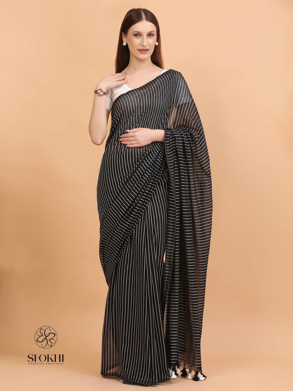 Komal - Soft Cotton Saree - Charcoal Black - SO-CC-007 - Shokhi