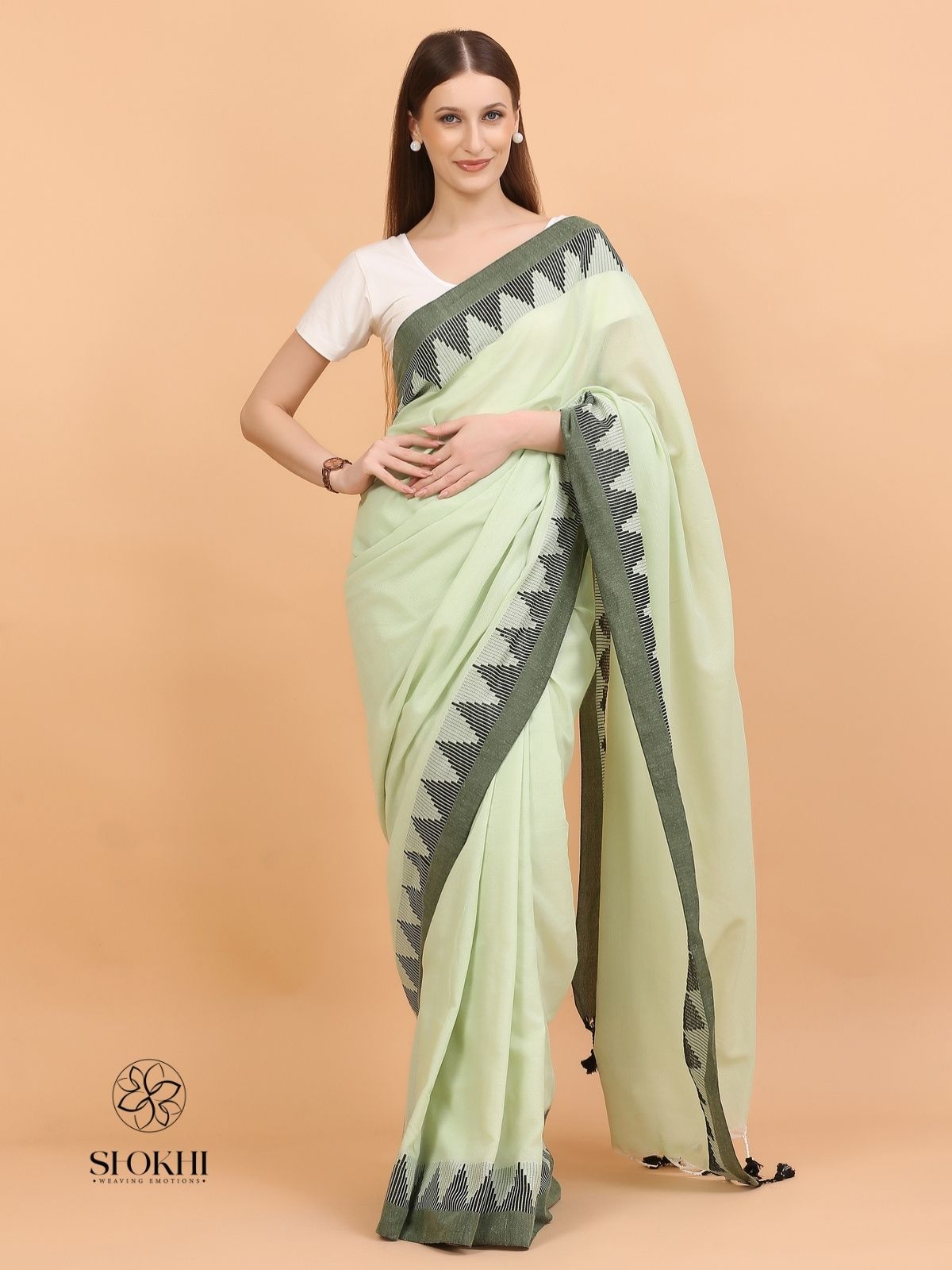 Komal - Soft Cotton Saree - Light Green - SO-CC-003 - Shokhi
