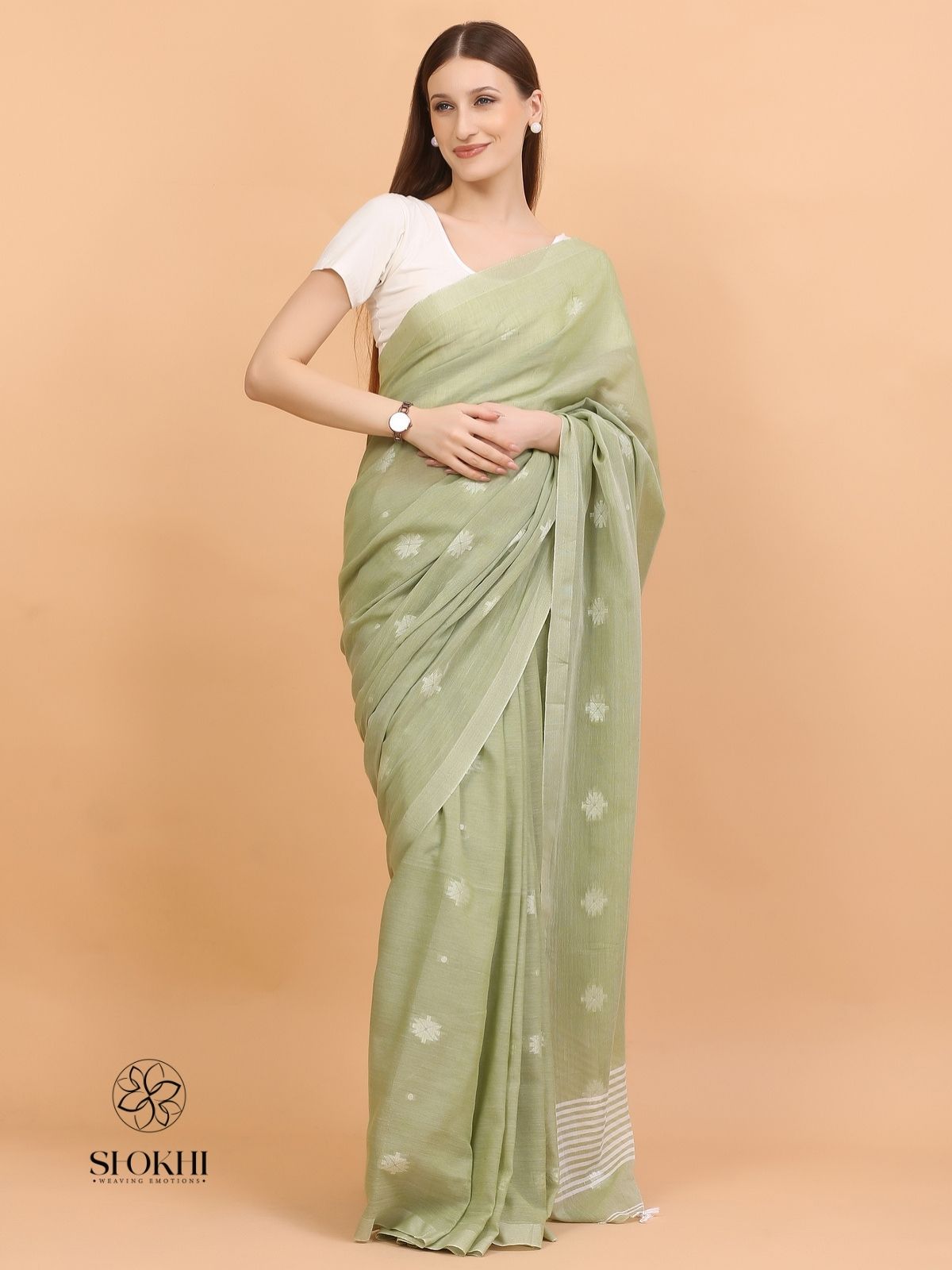 Komal - Soft Cotton Saree - Sage Green - SO-CC-005 - Shokhi