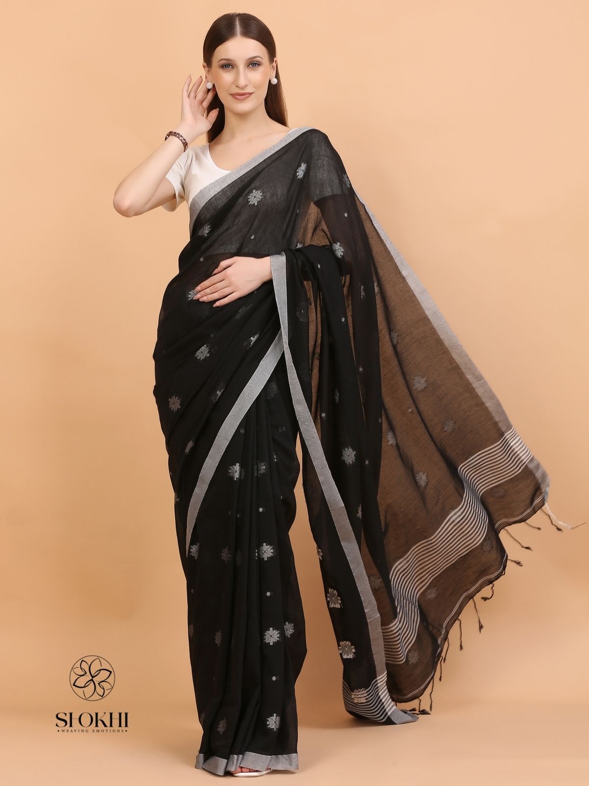 Komal - Soft Cotton Saree - Charcoal Black - SO-CC-008 - Shokhi