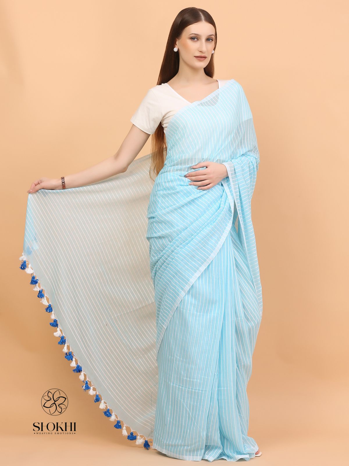 Komal - Soft Cotton Saree - Pastel Blue - SO-CC-001 - Shokhi
