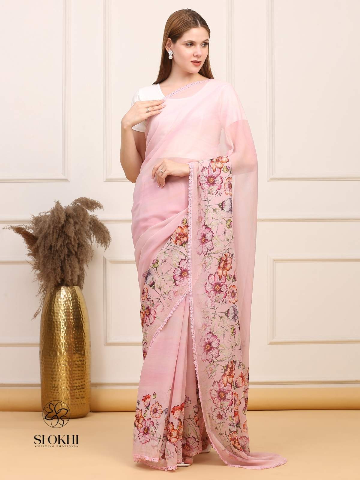 Vibha - Printed Georgette Saree - Blush Pink - SO-SAPR-005 - Shokhi