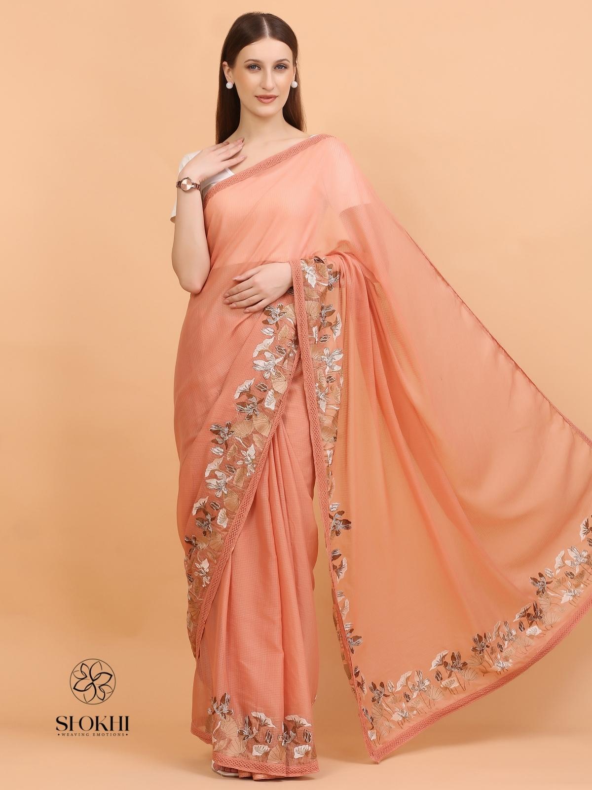 Vaya - Kota Check Embroidered Saree - Rust Orange - SO-EM-002 - Shokhi