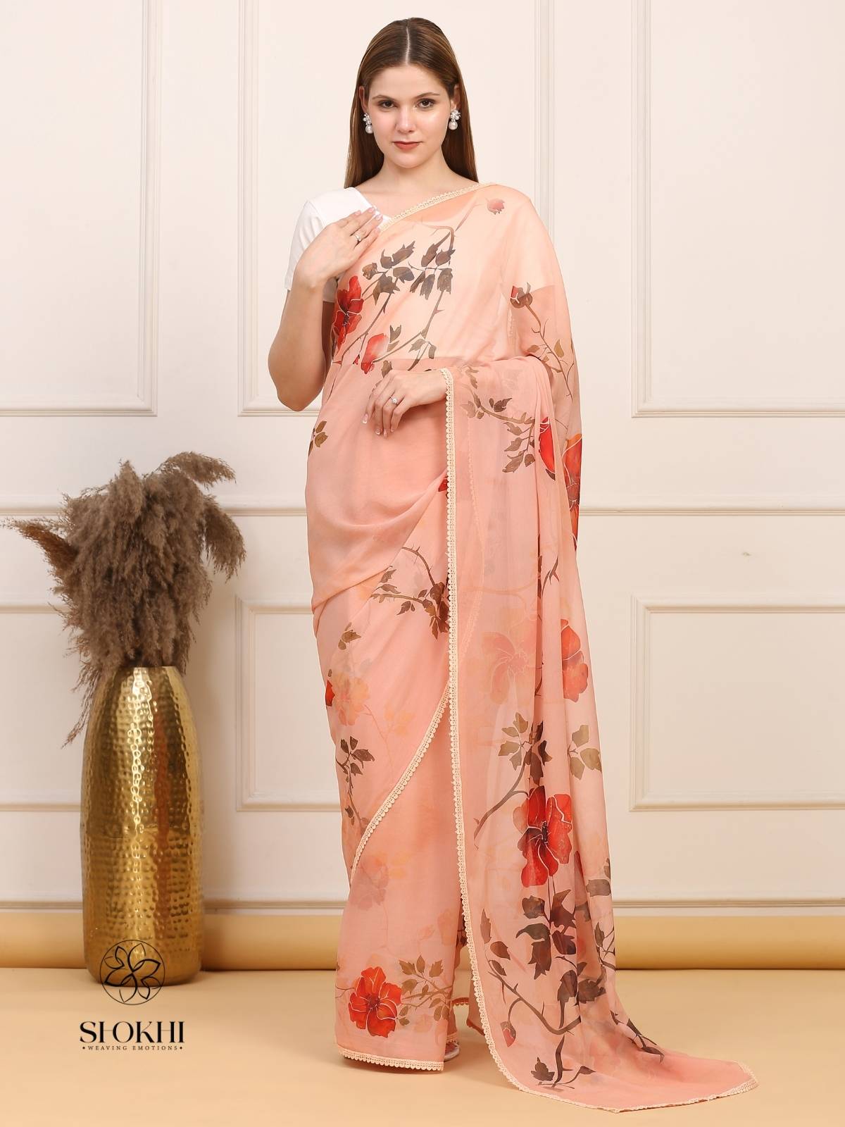 Vibha - Printed Georgette Saree - Vibrant Beige - SO-SAPR-003 - Shokhi