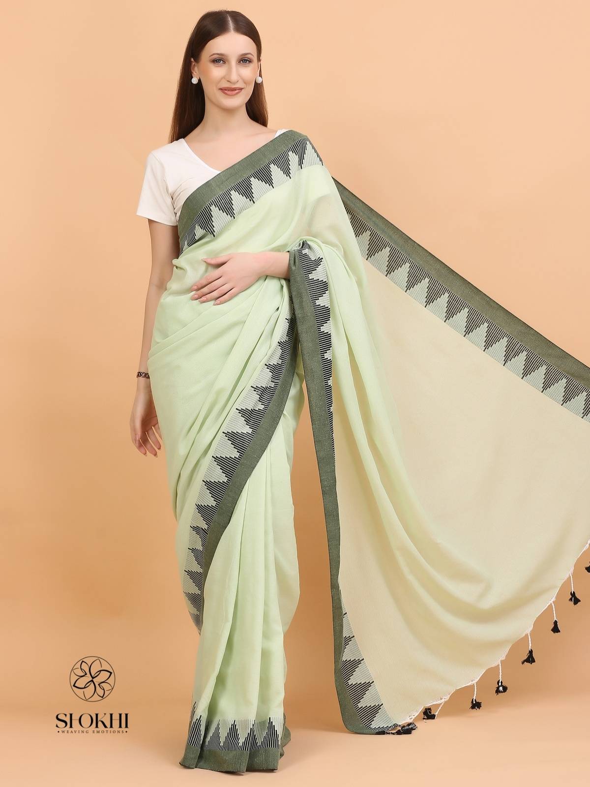 Komal - Soft Cotton Saree - Light Green - SO-CC-003 - Shokhi