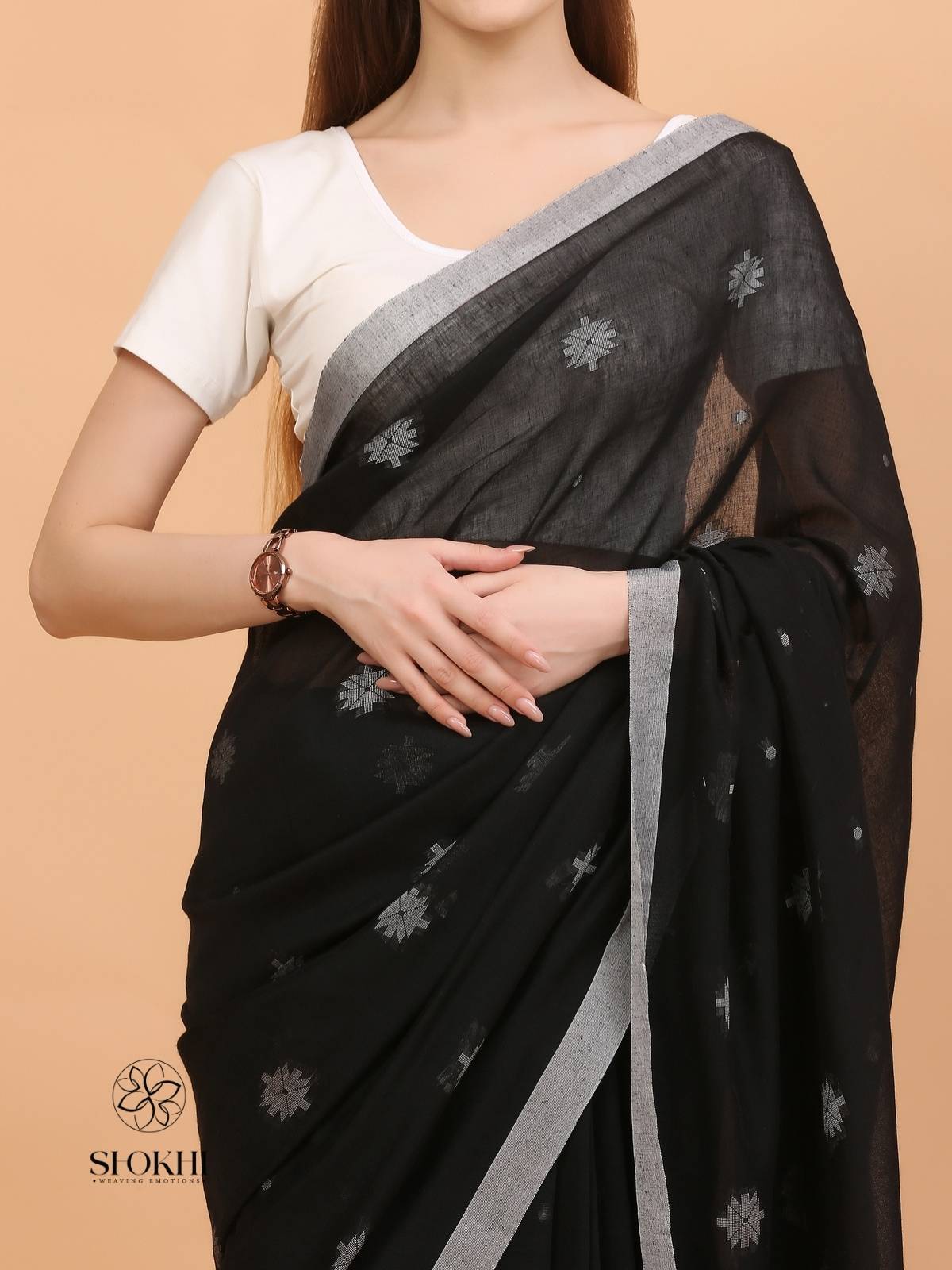 Komal - Soft Cotton Saree - Charcoal Black - SO-CC-008 - Shokhi