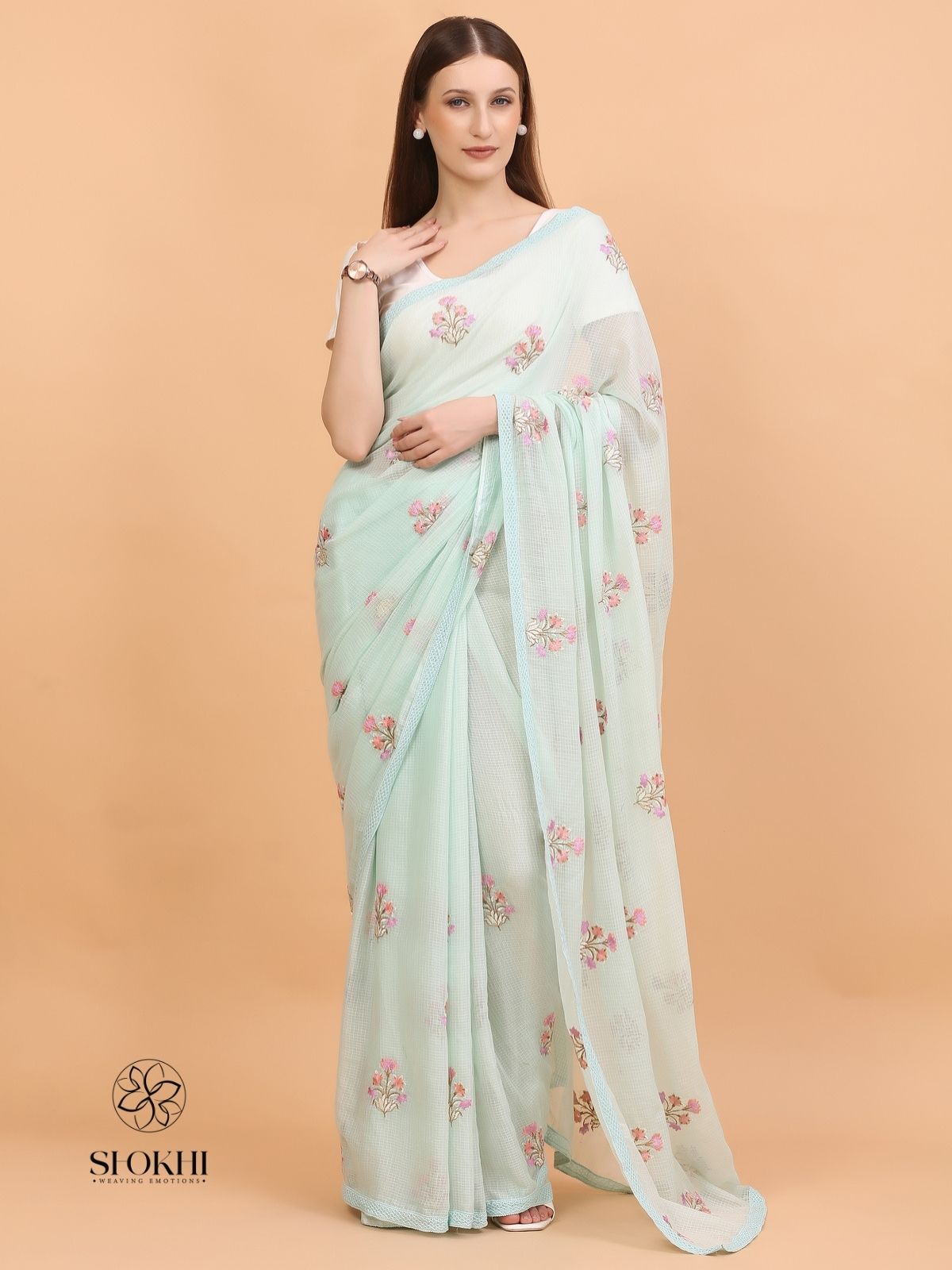 Vaya - Kota Check Embroidered Saree - Sea Green - SO-EM-004 - Shokhi