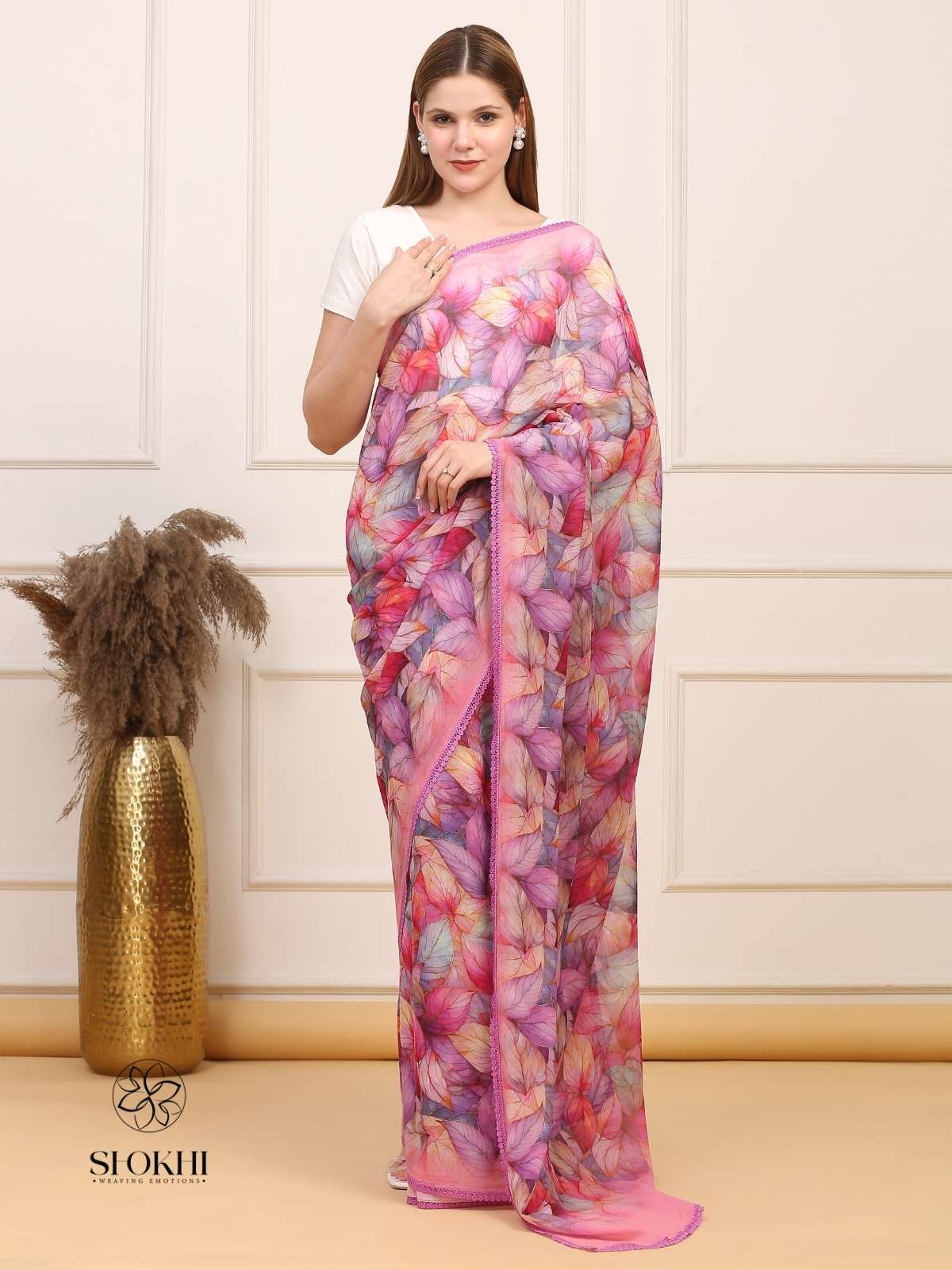 Vibha - Printed Georgette Saree - Pink Multicolor - SO-SAPR-004 - Shokhi