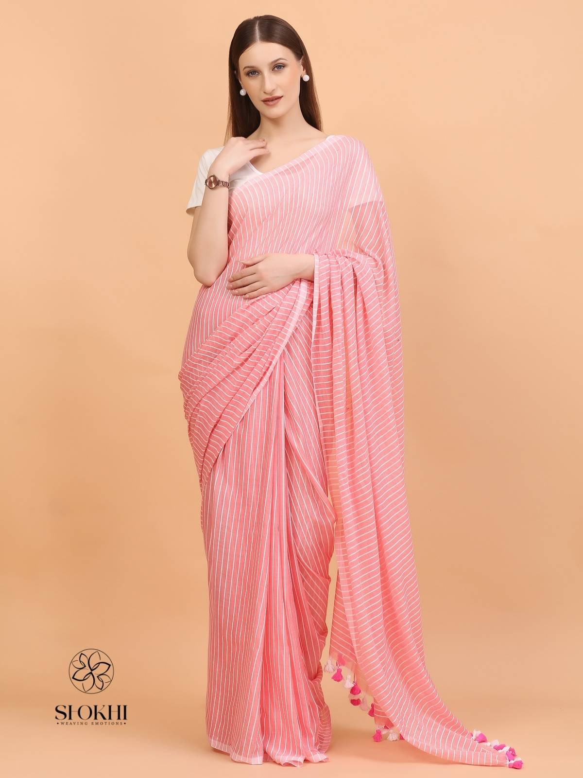 Komal - Soft Cotton Saree - Peachy Pink - SO-CC-002 - Shokhi