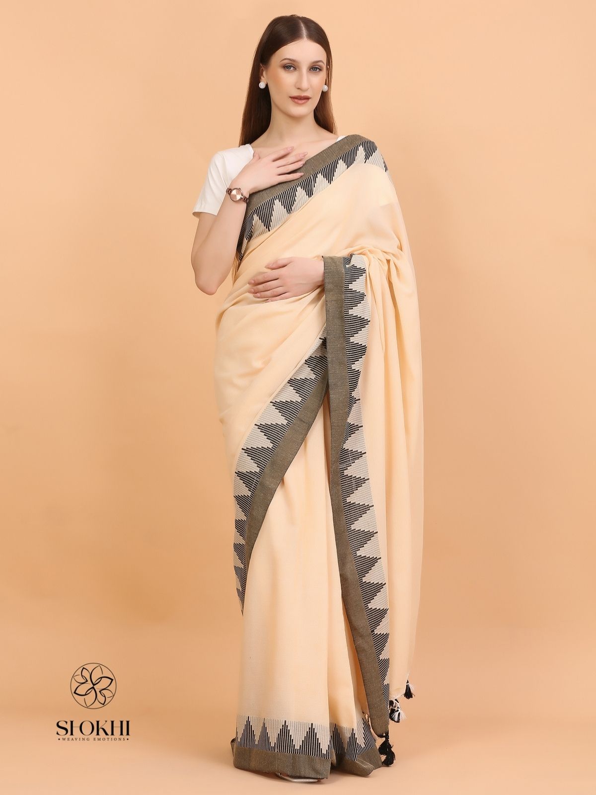 Komal - Soft Cotton Saree - Soft Beige - SO-CC-004 - Shokhi