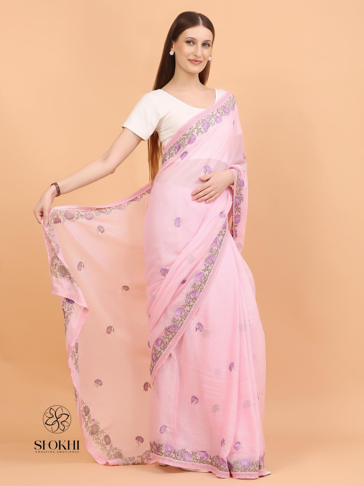 Vaya - Kota Check Embroidered Saree - Blush Pink - SO-EM-005 - Shokhi